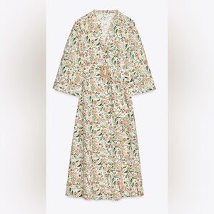 Zara PRINTED floral belted raffia cotton MIDI POPLIN DRESS Small